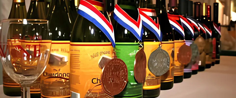 A row of beer bottles with medals on them.