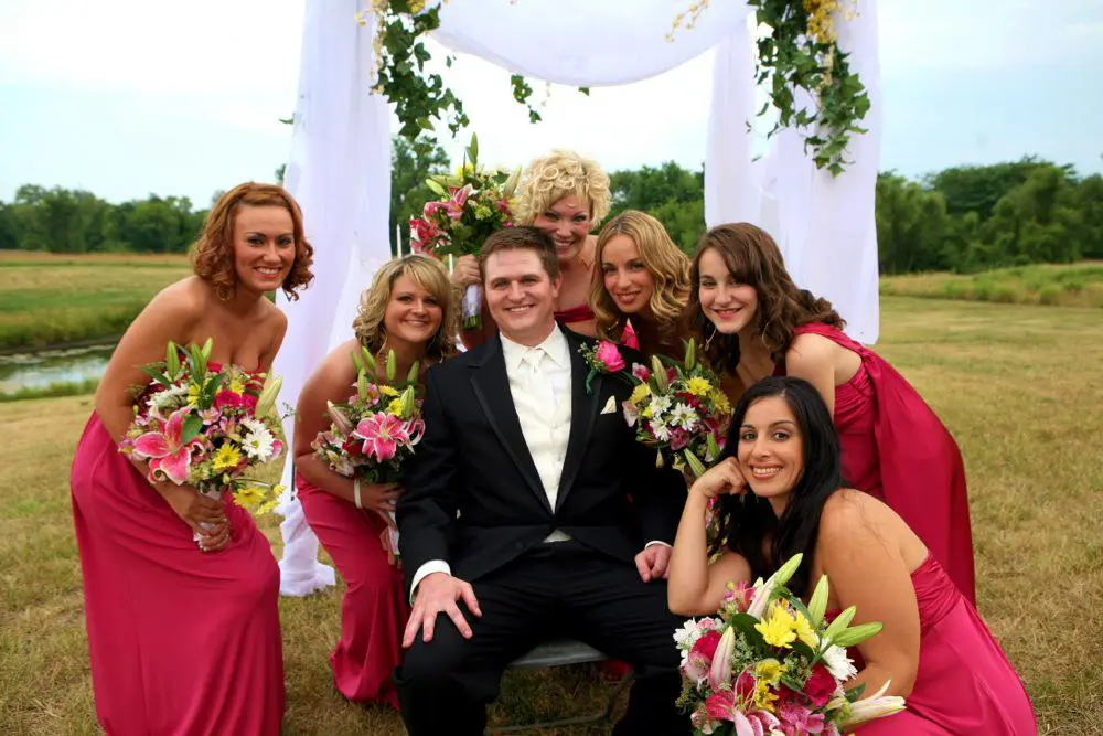A man sitting in front of several women.