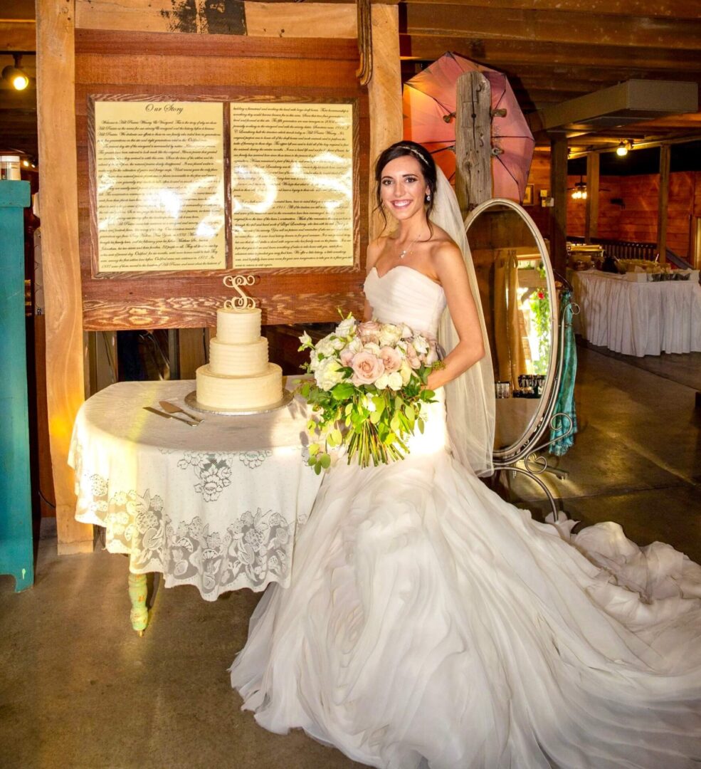 A bride in front of a cake and mirror